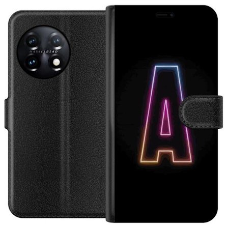 Kompatibel Tegnebogsetui til OnePlus OnePlus 11R Minimalistisk neonbogstav A i regnbuefarvet lys mod sort baggrund i moderne typografisk stil