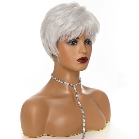 Korta fluffiga lockiga lagerperuker i vitt för äldre kvinnor, värmetåliga helperuker med korta lagerluggar, naturligt hår