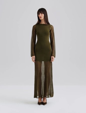 Malina Haisley Sheer Knitted Maxi Dress - Khaki green - M