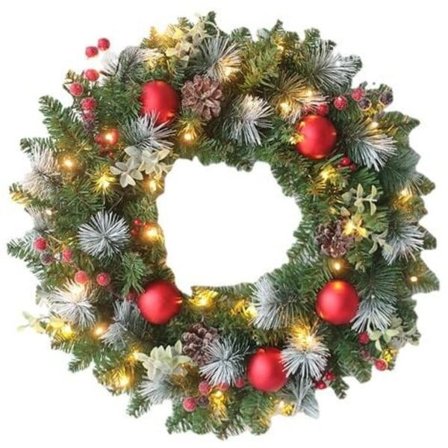 Julekrans til dørdekoration, fyrrekogler, bærflager, dekoration (30 cm, 20 LED-lys)