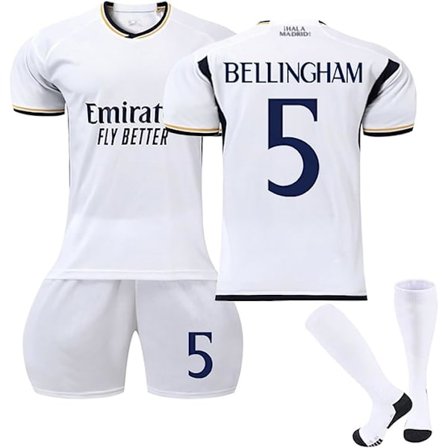 23/24 Ny Sesong Hjemme/Borte Fotballdrakter Shorts Sokker Sett for Barn/Voksne, Nr. 5 Bellingham, Nr. 7 Vini Jr, Fotballdrakt