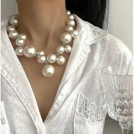 Perlekæde med store perler, kravebenkæde til kvinder, vintage elegant vedhængskæde, brude- og fest smykker