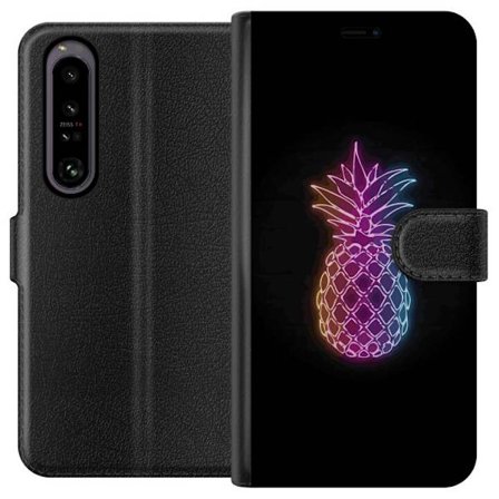 Yhteensopiva Lompakkokotelo Sony Sony Xperia 1 IV Neonkuvitus ananaksesta värikkäässä valossa mustaa taustaa vasten