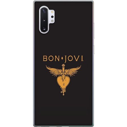 Kompatibelt Mobilskal till Samsung Galaxy Note10+ Ikonisk musikillustration med bevingat hjärta och dolk i guldtoner på mörk bakgrund, kraftfull oc