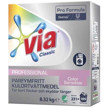 VIA Tvättmedel Pro Formula Color Sensitive 8,32kg - Lyreco - Städ och hygien - Tvättmedel och klädvård - Tvättmedel