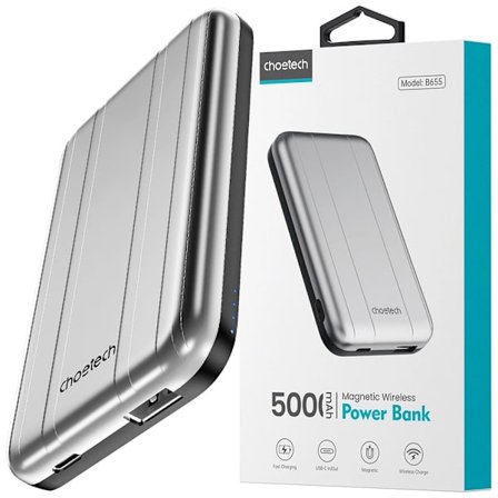 Choetech B655 induksjon mini strømbank MagSafe USB-A / USB-C 5000mAh - sølv