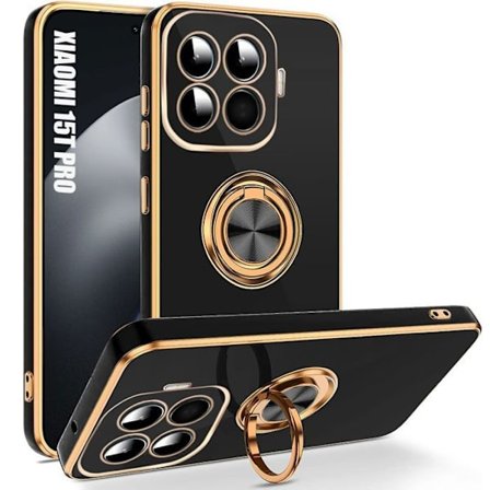 Skyddsskal för Xiaomi 15T Pro, Stöttålig Silikon med Rotering Ring Svart