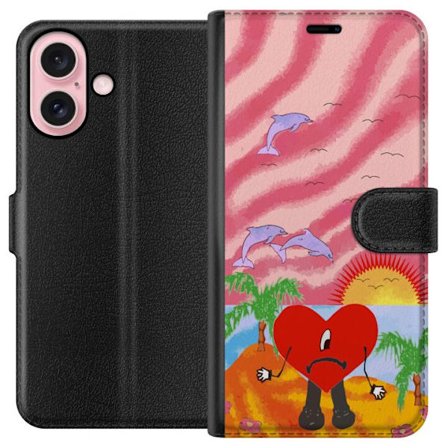 Kompatibel Tegnebogsetui til Apple iPhone 16 Bad Bunny i en farverig quiltet jakke med hjertemønster og solbriller i moderne gade stil