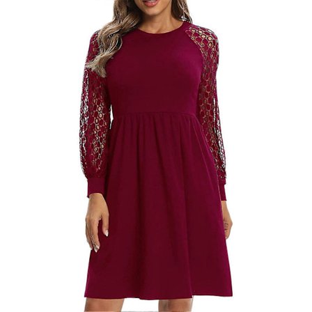 Kort Kjole Rund Hals Blonde Spleising Moderne Elegant Dame Hverdagskjole for Bursdag Vinrød XL