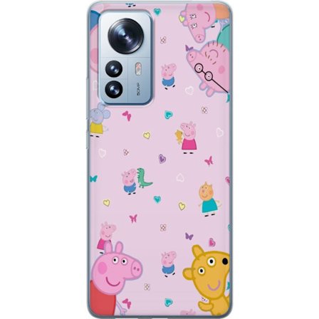 Kompatibel Mobilcover til Xiaomi 12 Pro Peppa Gris med en baby i armene, morgris motiv i farverig og blød børneillustration med hjerter