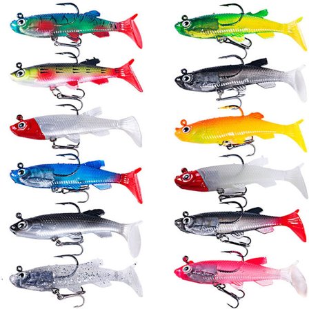 12-delt agnsæt - Agn med krog - Gummifisk - Fiskekrog - Havfiske agnsæt - Gummifisk med jig hoved