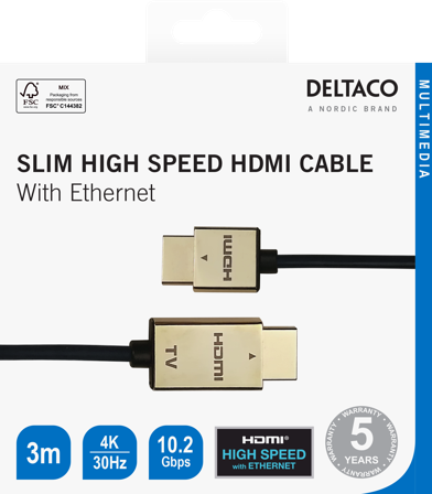 Deltaco Ultra-thin HDMI cable, 4K UHD, 3m, black/gold