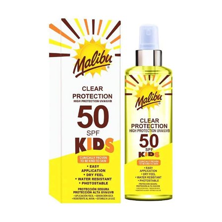 Malibu Kids High Protection Water Resistant Dry Feel SPF 50 Sun-Screen Clear Spray 250 ml, Skincare, Til Mor & Barn, Skincare Til Børn