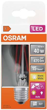 OSRAM LED lyspære Classic A40 4,9W 2700K daylight sensor klar E27