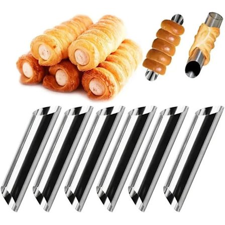 5 stk. cylindriske cremehornforme i rustfrit stål, cannoli-forme, non-stick danske wienerbrødsfyldningsrør og croissant-skalbageforme.