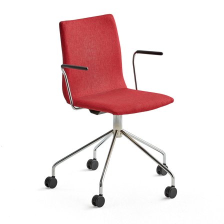 Conference chair OTTAWA with wheel base and armrests, red fabric, chrome