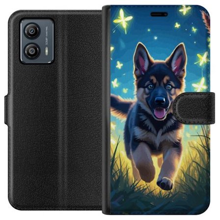Kompatibelt Plånboksfodral till Motorola Motorola Moto G53 Tysk schäfer valp affisch valp hund hoppar äng fjärilar söt hund illustration blå nat