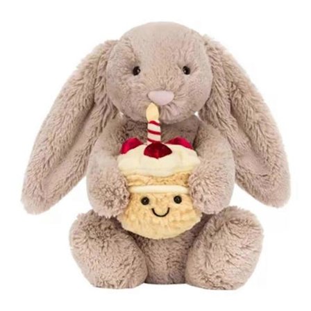 Birthday Cake Rabbit Plush, Shy Beige Bunny Soft Stuffed Animal Toys Birthday Gift for Kids & Adults