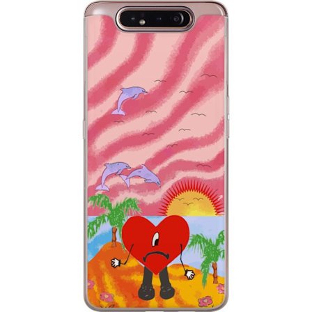 Kompatibel Mobilcover til Samsung Galaxy A80 Bad Bunny i en farverig quiltet jakke med hjertemønster og solbriller i moderne gade stil