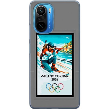 Kompatibelt Mobildeksel til Xiaomi Poco F3 Retroplakat Cortina Milano 2026 med fjell, vintersportsutøvere, italienske trikolor, Milano-katedralen og o