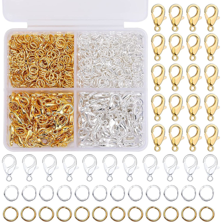 700 stk hummerlåser, 2 farger 12 mm hummerklolåser med 7 * 5 mm hoppringer for smykkelaging og armbåndsdekorasjon Tilbehør DIY (gull, S