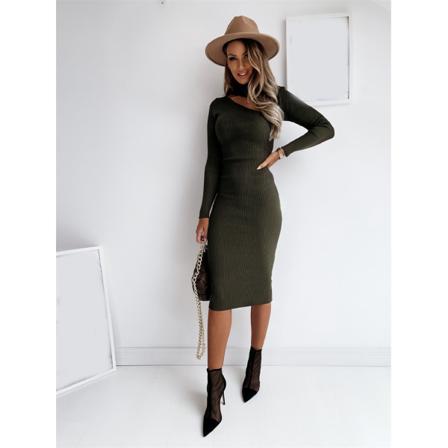 Kvinnor Fall Hollow Out Bodycon Midiklänning Långärmad Solid Eleg