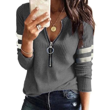 Elegant randig skjorta för kvinnor med dragkedja, snygg V-ringad panel, långa ärmar, Slim Fit T-shirt Casual Top grey L