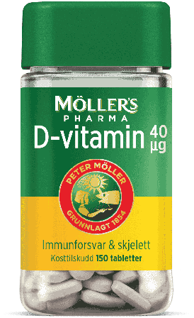 Møllers vit-D tab 40μg, boks av plast, 150 stk