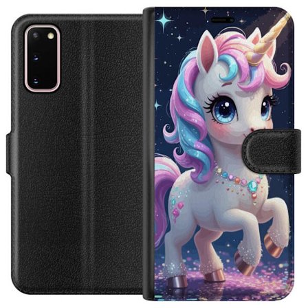 Yhteensopiva Lompakkokotelo Samsung Galaxy S20 Söpö yksisarvinen, jossa on suuret silmät, pastellivärinen harja ja säihkyvät korut satumaisessa yömais