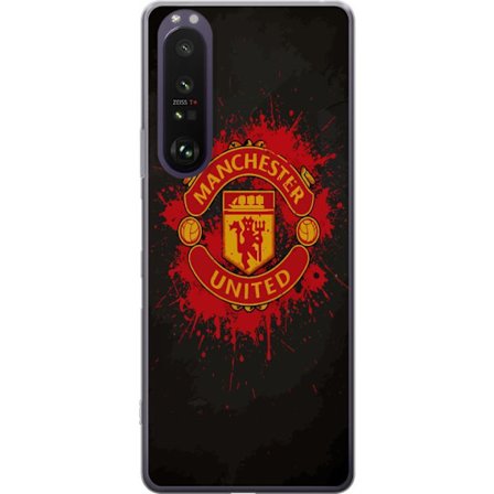 Yhteensopiva Puhelinkuori Sony Sony Xperia 1 III Manchester United logo punaisella ja keltaisella värillä, raikas urheilullinen tausta