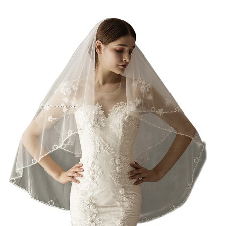 Håndlaget brudeslør med perler, 90×50 cm, 1 stk