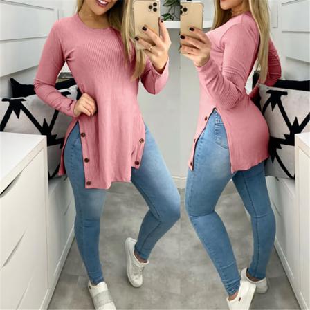 Elegant Långärmad Skjorta Dam Sexig Sida Slit Button Toppar Pullo