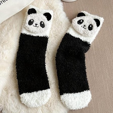 Naisten mustavalkoiset kolmiulotteiset sarjakuva Panda Puppy Coral Fleece -puolipitkät sukat syksyyn ja talveen, pörröiset sukat, paksut lämpimät pehm