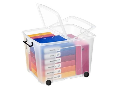 STRATA HW676 smart förvaringslåda med handtagsklämmor och lock som öppnas åt två håll, 75 liter, 485 x 600 x 410 mm, polypropylen, genomskinlig - 