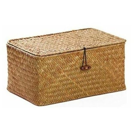 Förvaringskorg i sjögräsrattan med lock i naturmaterial (Liten 17cmx13cmx8cm H)