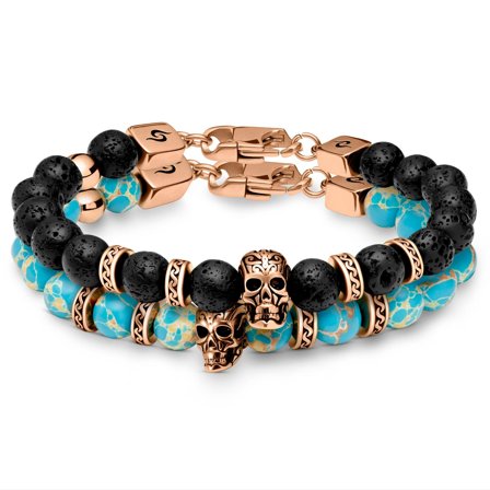 Bracciali Rico con teschi color oro rosa in in pietra lavica e diaspro imperiale turchese per uomini - Bracciali con perline