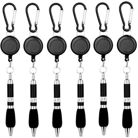 12-pakke klips på penner karabinkroker penner innfellbar merke rullepenn belteklips og karabinkrok nøkkelring kulepenn, svart