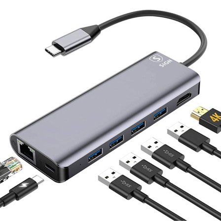 SiGN 7-i-1 USB-C-hub HDMI RJ45 USB-C, max 100W, 20V, 5A - Grå
