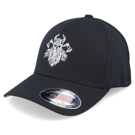 Vikings - Bearded Skull Axe Wooly Combed Black Flexfit Flexfit Black Cap - @ Hatstore