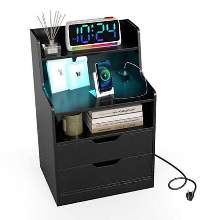 COSTWAY LED-yöpöytä integroituun pistorasiaan, 2 pistorasiaa, USB-portti, Type-C, 2 laatikkoa, avoin hylly, olohuoneeseen, makuuhuoneeseen, valkoinen