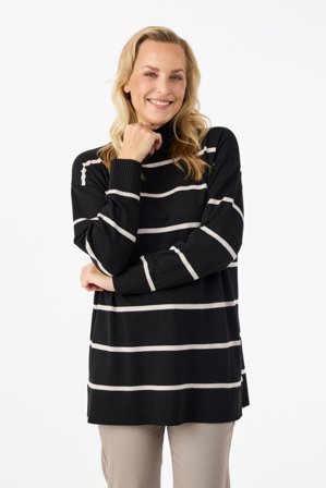 JENSEN - Langærmet Strik - Beige / Sort - Stribet