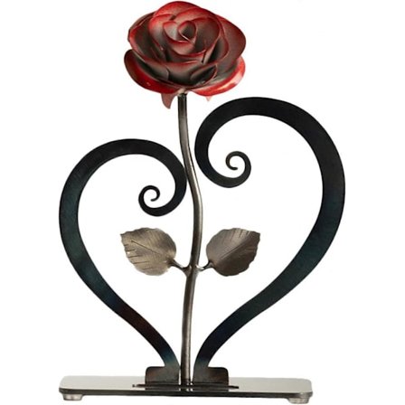Metalliruusu, sydämenmuotoiset koristeet metalliruusulla, rauta- vuosipäiväteräskukka, käsin taottu rautalaitelahja, keinotekoiset kukat