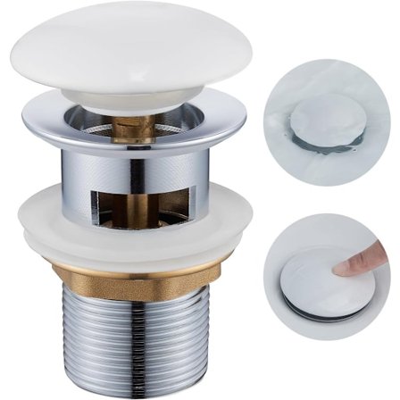Vask afløb med overløb, pop-up afløb med keramisk dæksel, G1 1/4" universal vask afløb til badeværelse og toilet, hvid