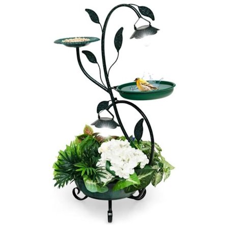 COSTWAY Fristående solfågelmatare, H83CM fågelbad med blomsterstativ och 2 LED-lampor, för trädgård, gräsmatta