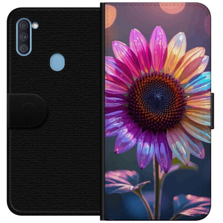 Kompatibelt Lommeboketui til Samsung Galaxy A11 Irideserende blomst med glitrende kronblad i rosa lilla og gull mot myk bokeh bakgrunn