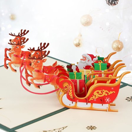 Pop-up julekort - Julemand, rensdyr og gaver - Glædelig jul