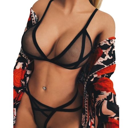 Naisten verkko-ohut seksikkäät alusvaatteet babydoll-setti pyjama Black