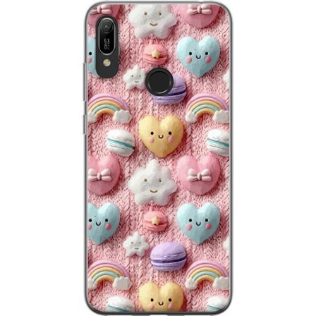 Kompatibelt Mobildeksel til Huawei Y6 (2019) Pastellmotiv med hjerter, skyer, regnbuer og makroner mot rosa bakgrunn i en søt drømmende stil.