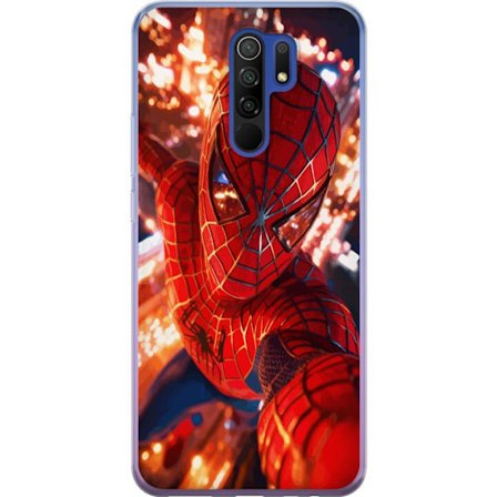 Kompatibelt Mobilskal till Xiaomi Xiaomi Redmi 9 Spider Man i intensiv action med gnistrande ljus och dynamiskt perspektiv i filmisk superhjältestil