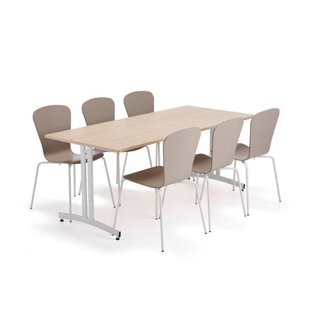 Furniture set SANNA + MILLA, 1 table and 6 chairs, white/clay grey